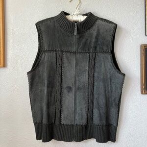 90s Vintage Genuine Suede Grey Vest with Knitted Back and Neck